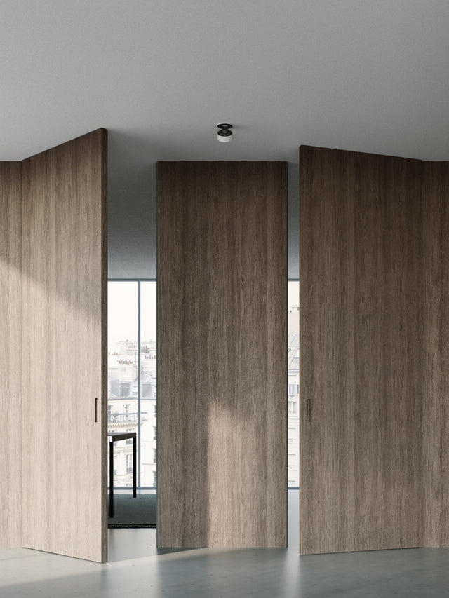 Modern interior with wooden sliding doors in a minimalistic setting